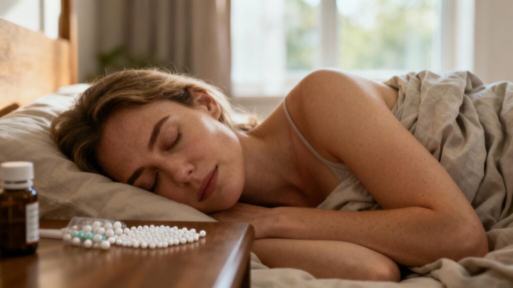Femme européenne dormant paisiblement avec des granules homéopathiques sur la table de nuit, éclairée par une lumière naturelle douce
