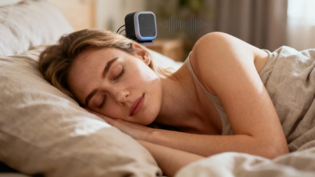 Jeune femme caucasienne dormant paisiblement dans son lit avec une musique douce en fond sonore