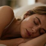 Jeune femme européenne dormant profondément dans un lit avec éclairage naturel doux et ambiance chaleureuse