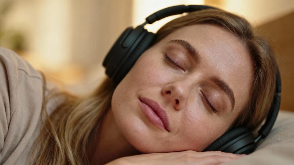 Jeune femme européenne endormie avec des écouteurs sur un fond neutre, écoutant de la musique zen