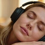 Jeune femme européenne endormie avec des écouteurs sur un fond neutre, écoutant de la musique zen