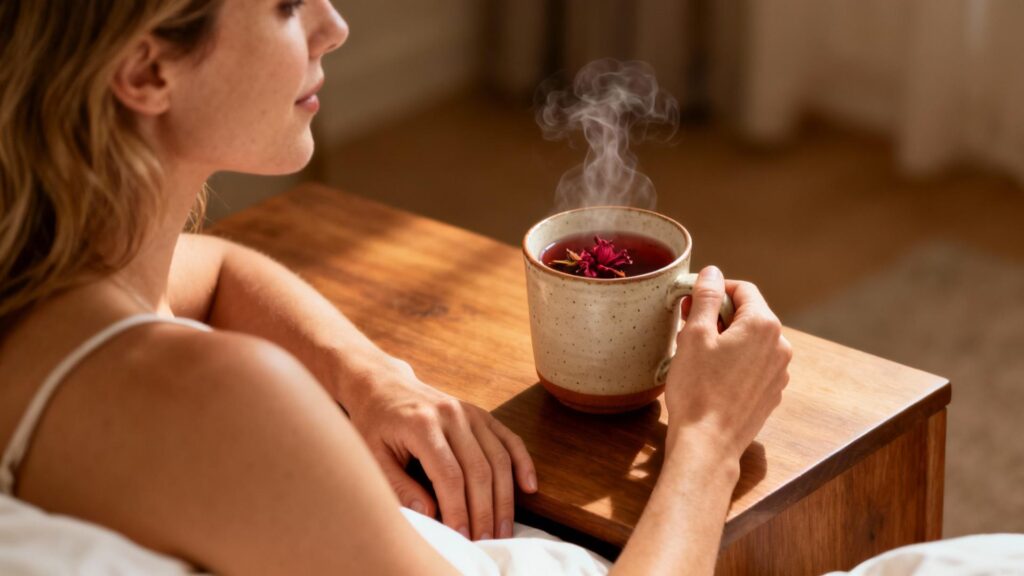 Jeune femme européenne détendue buvant une tasse de thé d'hibiscus chaud dans son lit le soir