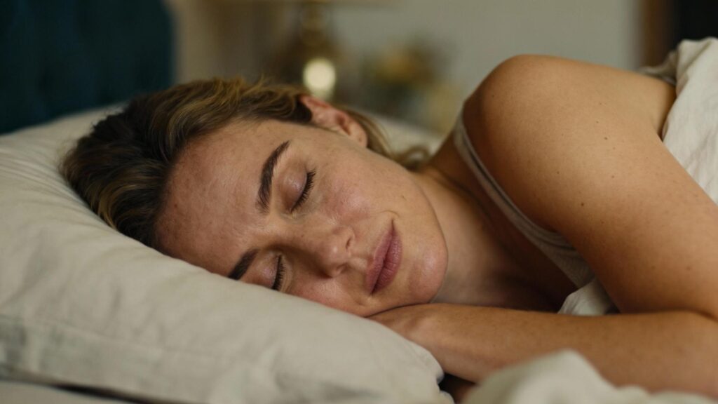 Jeune femme européenne dormant profondément dans un lit, éclairée par une lumière naturelle douce