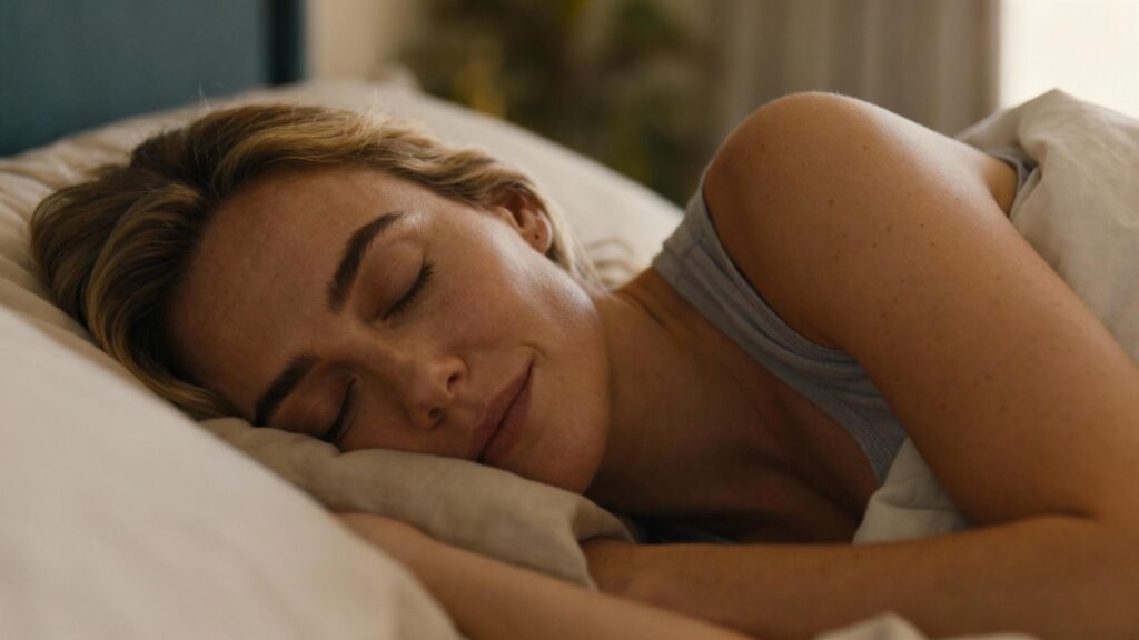 Jeune femme européenne dormant profondément dans un lit confortable avec des couvertures douillettes et un éclairage naturel