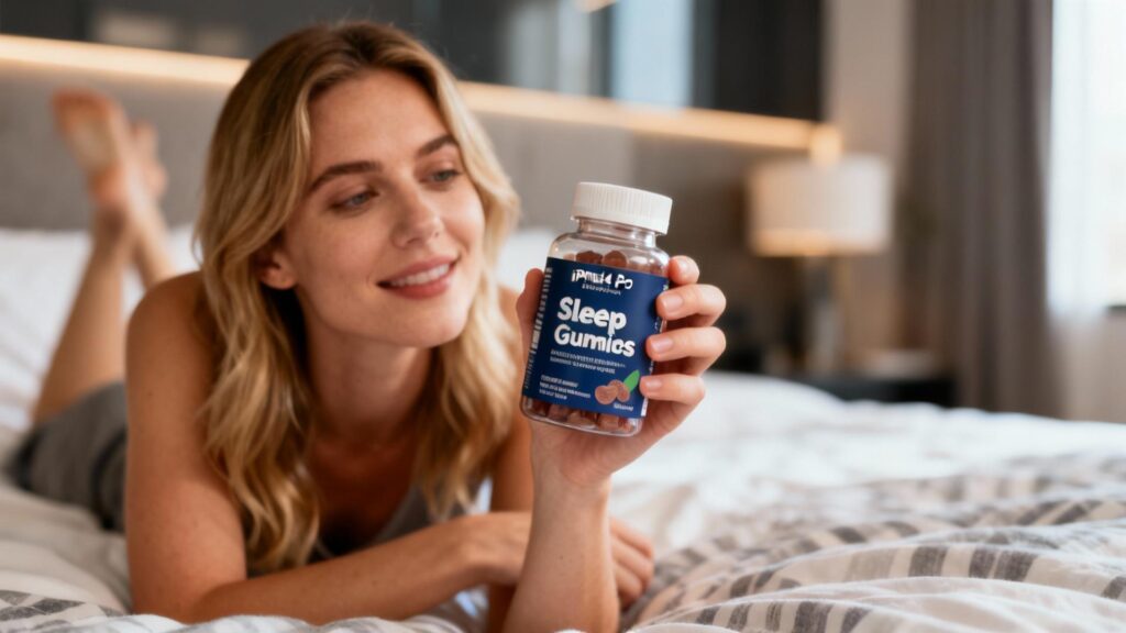 Jeune femme européenne tenant un flacon de gommes pour dormir dans une chambre moderne avec éclairage naturel doux