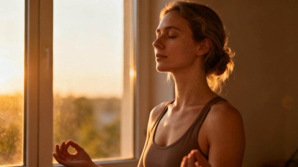 Femme européenne pratiquant la méditation devant une fenêtre baignée de lumière dorée, ambiance paisible