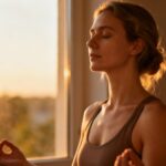 Femme européenne pratiquant la méditation devant une fenêtre baignée de lumière dorée, ambiance paisible