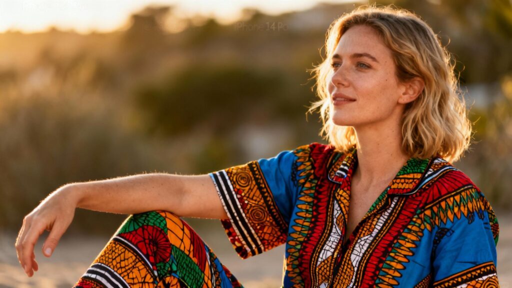 Femme européenne portant un pyjama coloré en tissu wax africain, texture du tissu visible, lumière naturelle