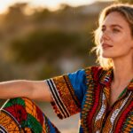 Femme européenne portant un pyjama coloré en tissu wax africain, texture du tissu visible, lumière naturelle