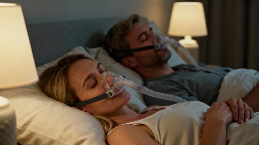 Couple caucasien dormant paisiblement avec des masques nasaux CPAP, éclairés par une lampe de chevet dans une chambre paisible