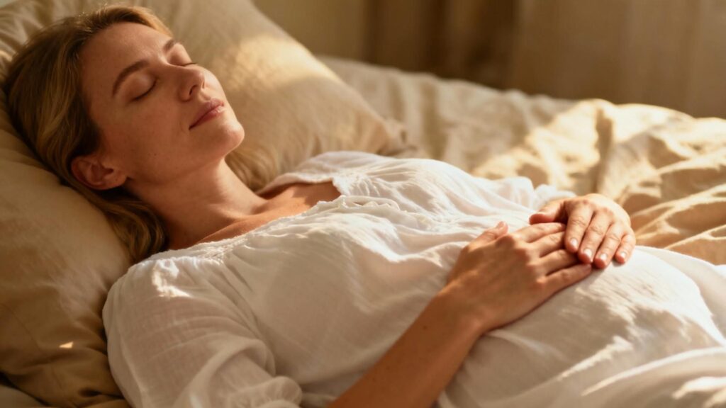 Jeune femme européenne détendue dans son lit, les yeux fermés, en train de pratiquer des exercices de respiration profonde