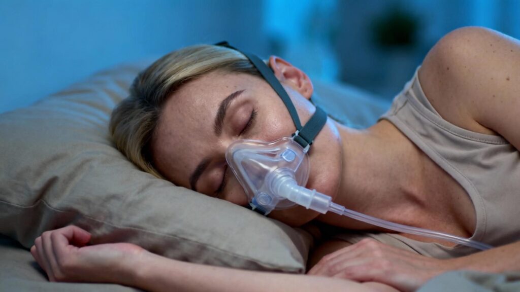 Femme caucasienne dormant paisiblement avec un masque cpap sur le visage, éclairée par une lumière naturelle douce