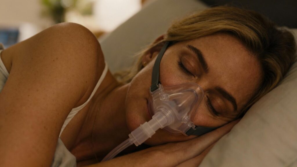Femme endormie avec masque cpap nasal, éclairée par une lumière douce dans une chambre à coucher