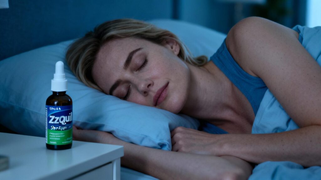 Jeune femme européenne dormant profondément avec un flacon de zzzquil posé sur la table de nuit éclairée par une lumière douce