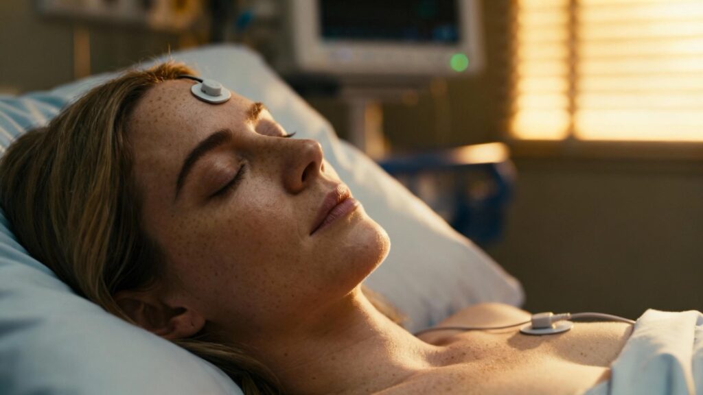 Femme caucasienne dormant paisiblement pendant une polygraphie du sommeil, éclairée par une lumière naturelle douce