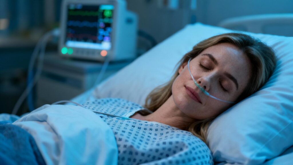 Femme européenne détendue dormant paisiblement dans un lit confortable avec équipement de surveillance médicale visible