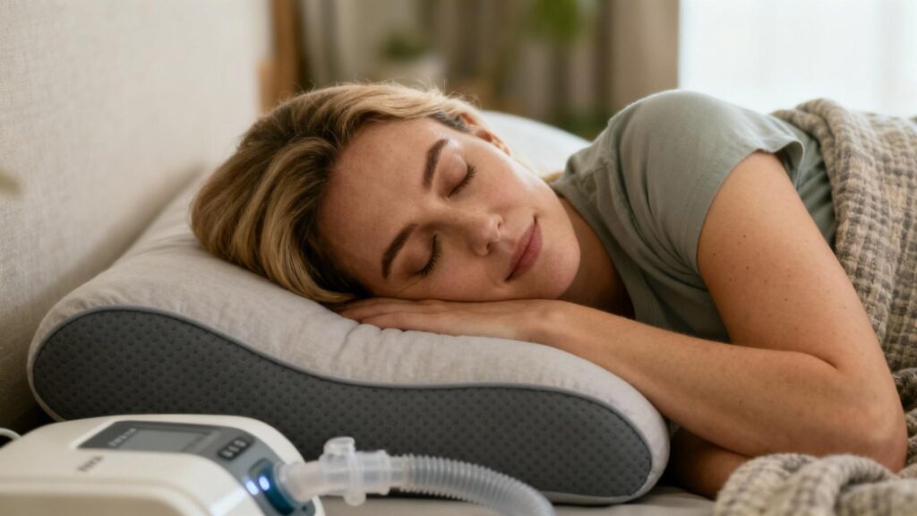 Femme caucasienne dormant confortablement sur un oreiller ergonomique avec masque cpap, éclairée par une lumière naturelle douce