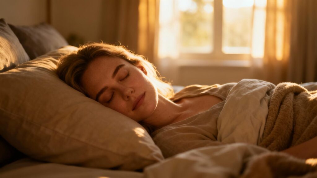 Femme caucasienne dormant profondément dans un lit confortable avec lumière naturelle douce traversant la fenêtre