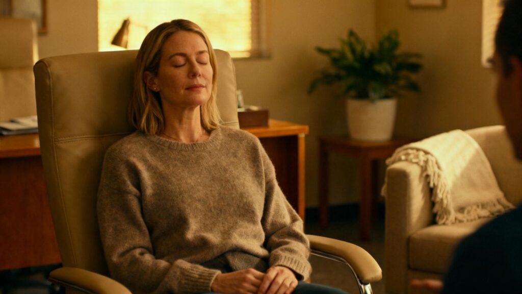 Femme européenne en séance d'hypnose dans un bureau aux tons chauds, lumière naturelle douce et ambiance apaisante