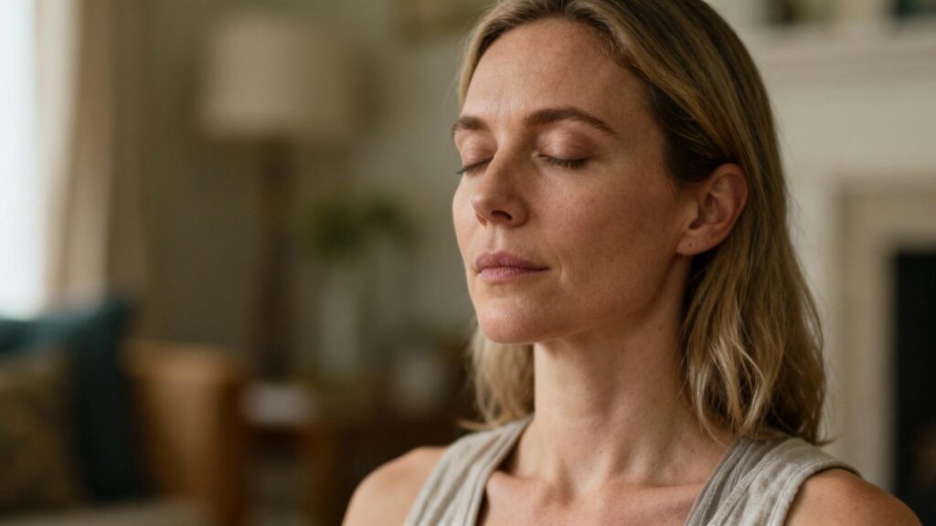 Jeune femme européenne en train de méditer dans un intérieur lumineux et apaisant