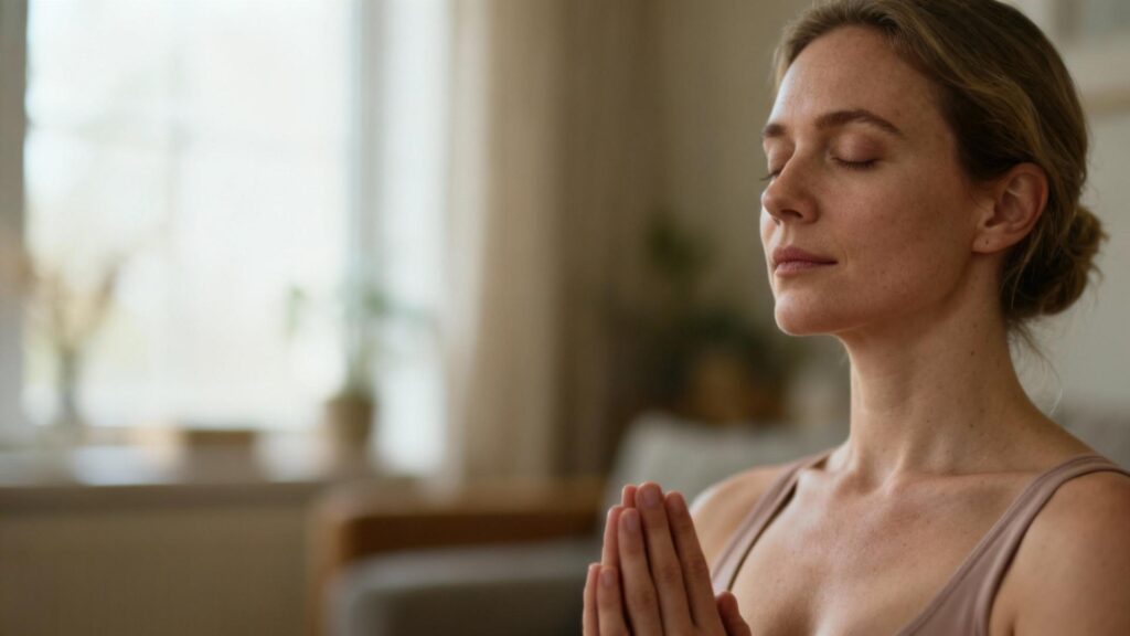 Jeune femme européenne aux yeux fermés en position de méditation dans un intérieur paisible éclairé par la lumière naturelle