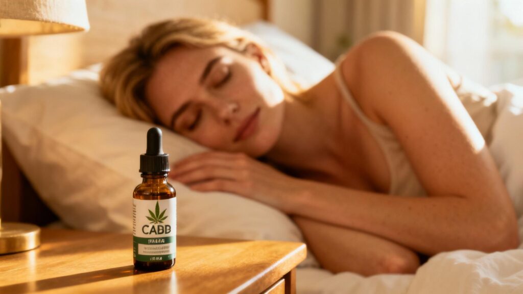 Femme caucasienne détendue dans son lit avec une bouteille d'huile CBD sur la table de chevet, éclairage naturel doux