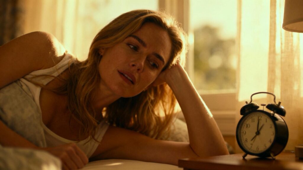 Jeune femme aux cheveux blonds se réveillant doucement avec une lumière naturelle matinale et un réveil sur la table de nuit