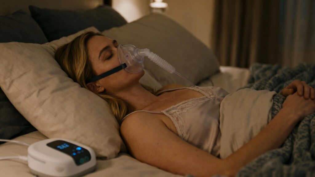 Femme européenne utilisant un appareil de test d'apnée du sommeil dans une chambre à coucher avec éclairage doux