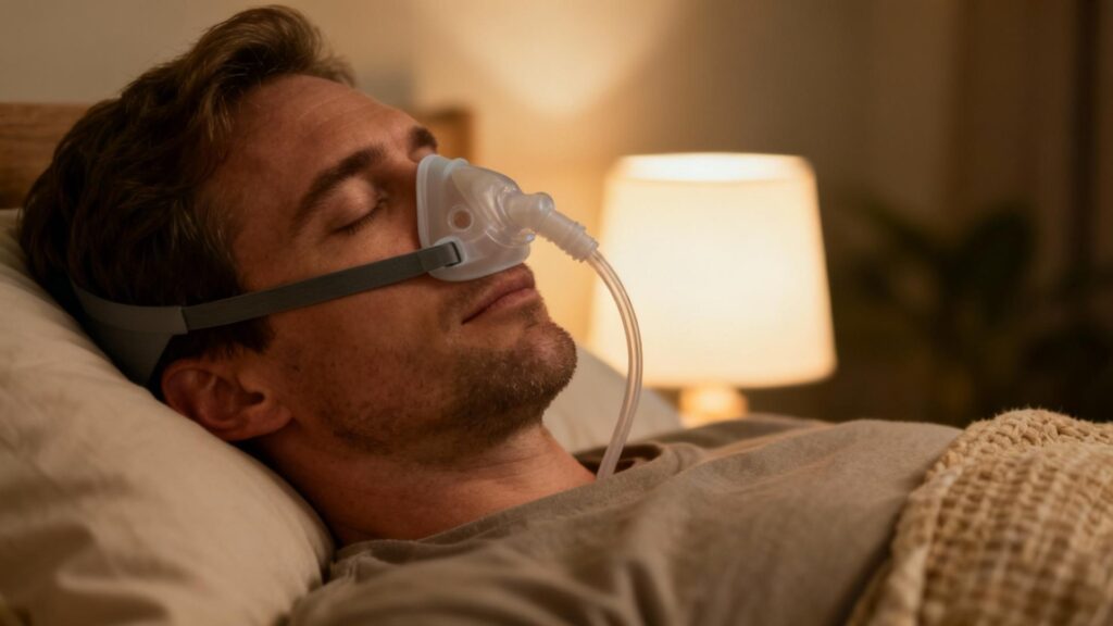 Homme européen dormant paisiblement avec un masque cpap minimaliste, éclairé par une lampe de chevet