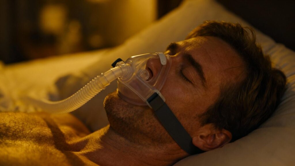 Homme caucasien dormant avec un masque confortable pour apnée du sommeil éclairé par une lumière douce