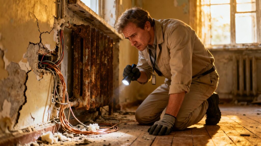 Inspecteur européen examinant des installations électriques défectueuses dans un appartement insalubre