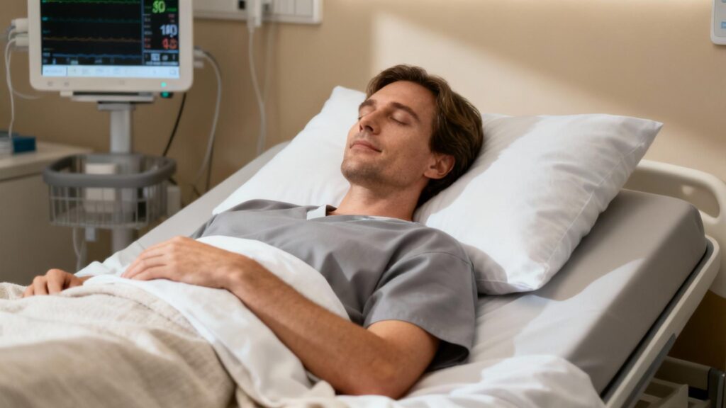 Patient calme allongé dans une chambre de clinique du sommeil avec décoration épurée et lumière naturelle