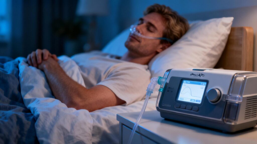 Personne caucasienne dormant paisiblement avec un masque d'apnée du sommeil et l'appareil posé sur la table de nuit