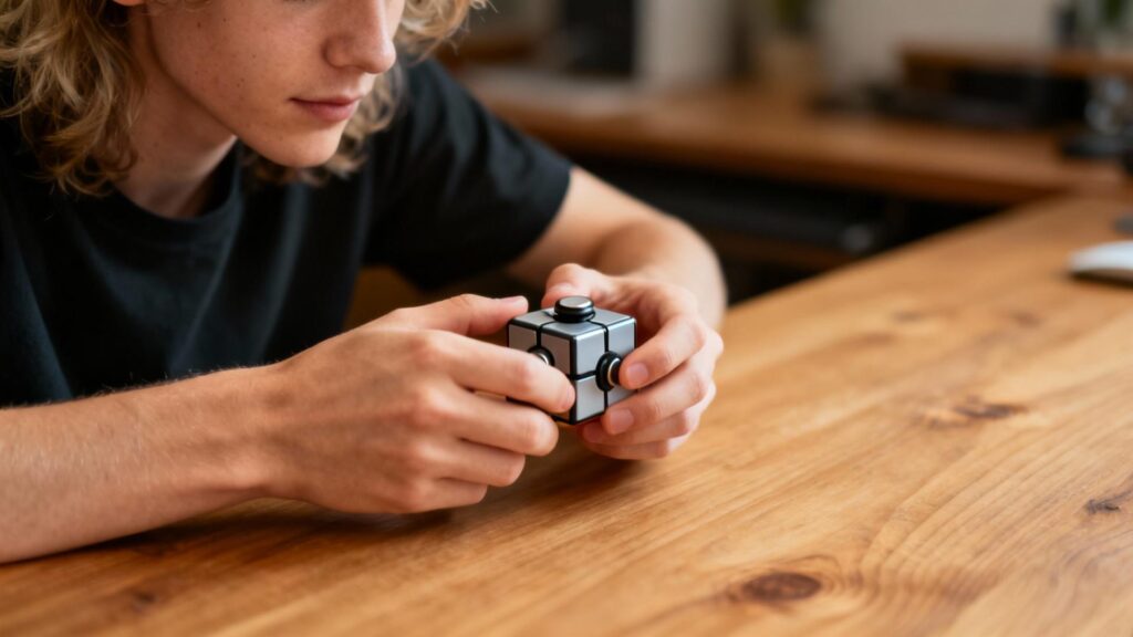 Main tenant un cube anti-stress sur un bureau en bois avec lumière naturelle et tons chauds