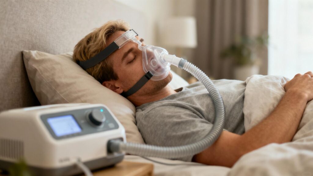 Personne utilisant un masque ppc pour traiter l'apnée du sommeil dans un cadre chaleureux et naturel