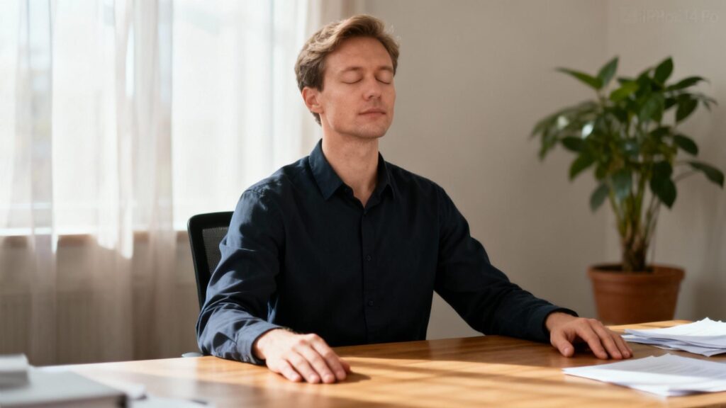 Homme d'affaires caucasien pratiquant des exercices de respiration profonde à son bureau avec lumière naturelle