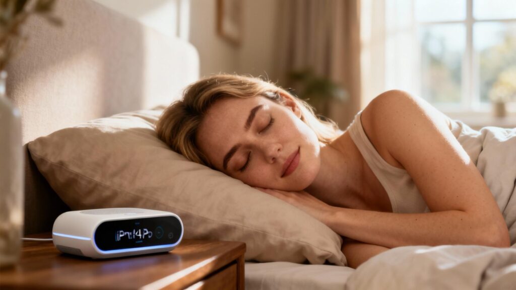 Femme caucasienne dormant dans un lit confortable avec un appareil moderne de surveillance du sommeil sur la table de nuit