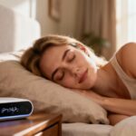 Femme caucasienne dormant dans un lit confortable avec un appareil moderne de surveillance du sommeil sur la table de nuit