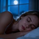 Jeune femme caucasienne dormant profondément dans son lit avec lumière douce de la lune par la fenêtre