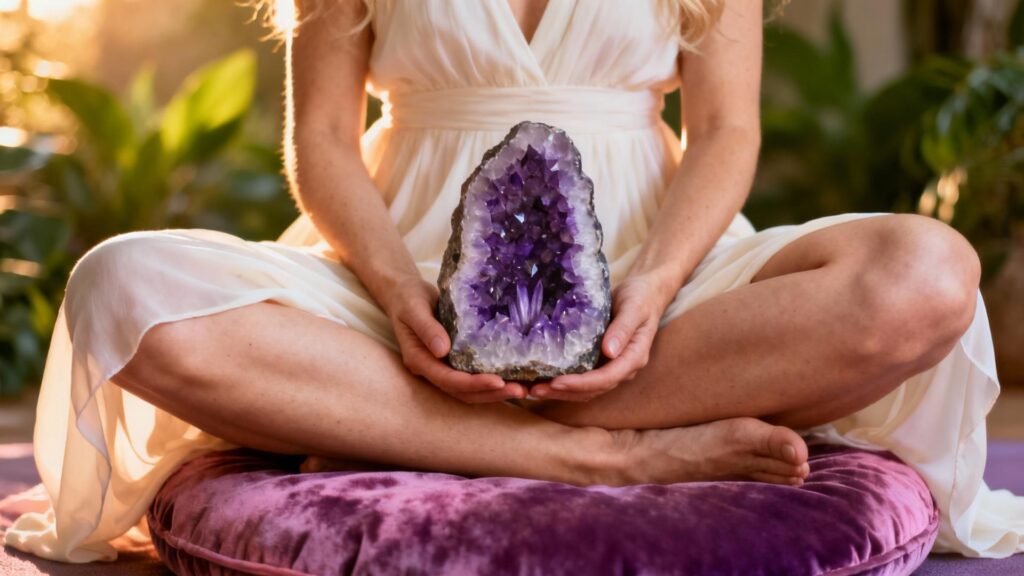 Femme élégante européenne tenant une pierre d'améthyste violette pour la méditation anti-stress