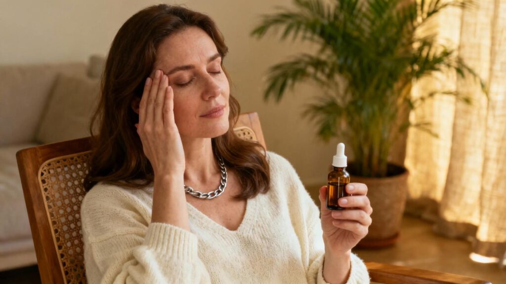 Femme européenne détendue utilisant des granules homéopathiques pour soulager son stress dans un intérieur chaleureux