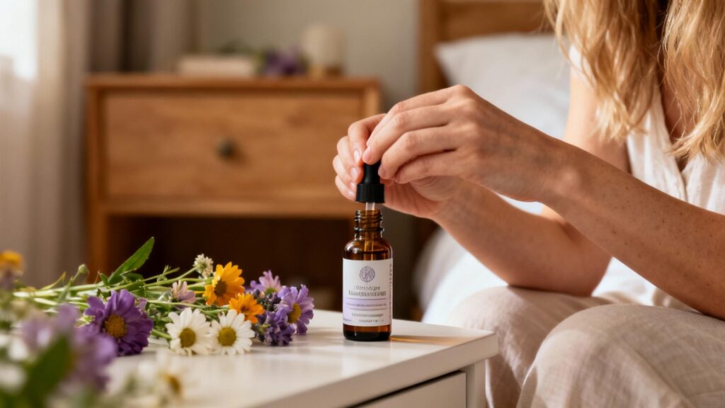 Femme caucasienne utilisant des fleurs de Bach comme aide au sommeil sur une table de nuit, éclairage naturel doux