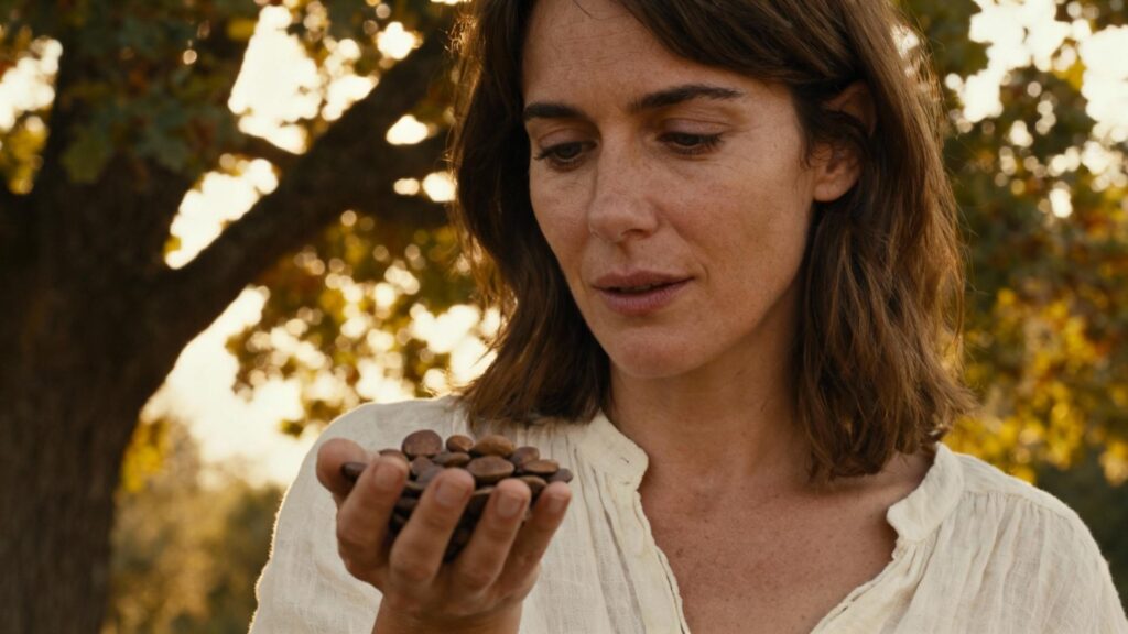 Femme européenne tenant des graines de griffonia simplicifolia dans une lumière naturelle, texture réaliste