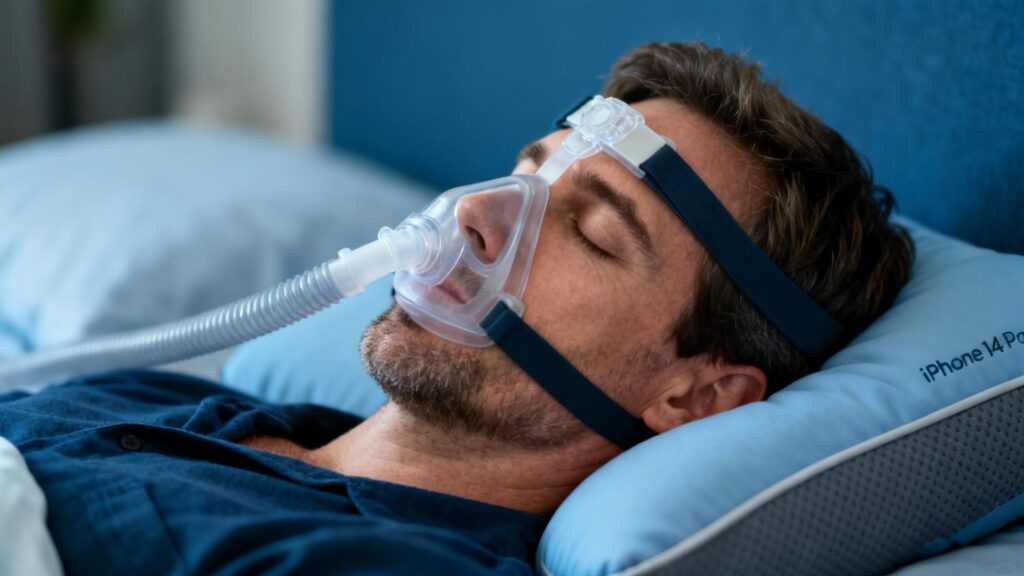 Homme européen dormant confortablement sur un oreiller spécialisé cpap avec masque, éclairé par une lumière naturelle douce