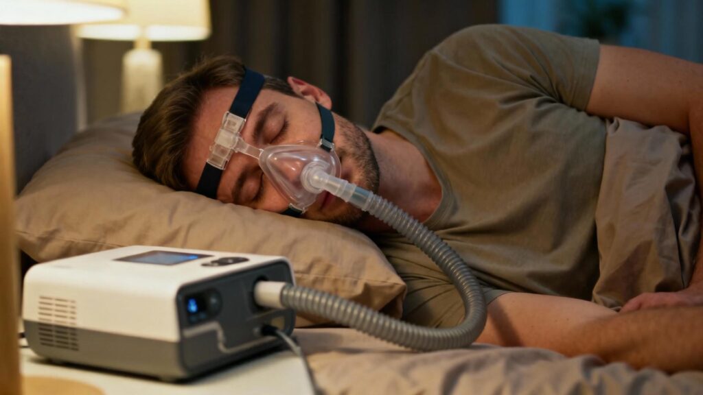 Personne européenne dormant avec un masque CPAP, éclairée par une lampe de chevet à lumière douce