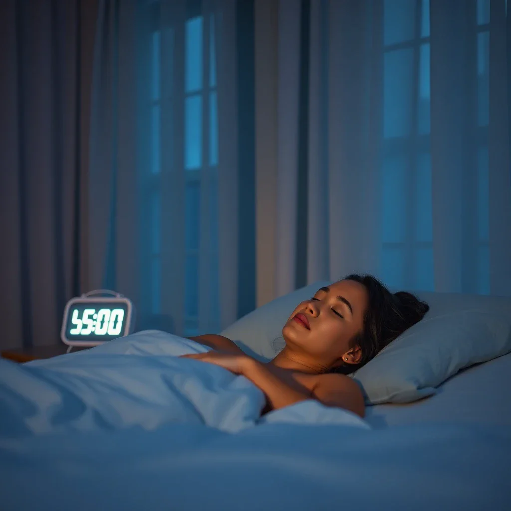 A peaceful bedroom at dawn with a person sleeping calmly, soft blue-gray light, clock showing 5 AM, serene atmosphere