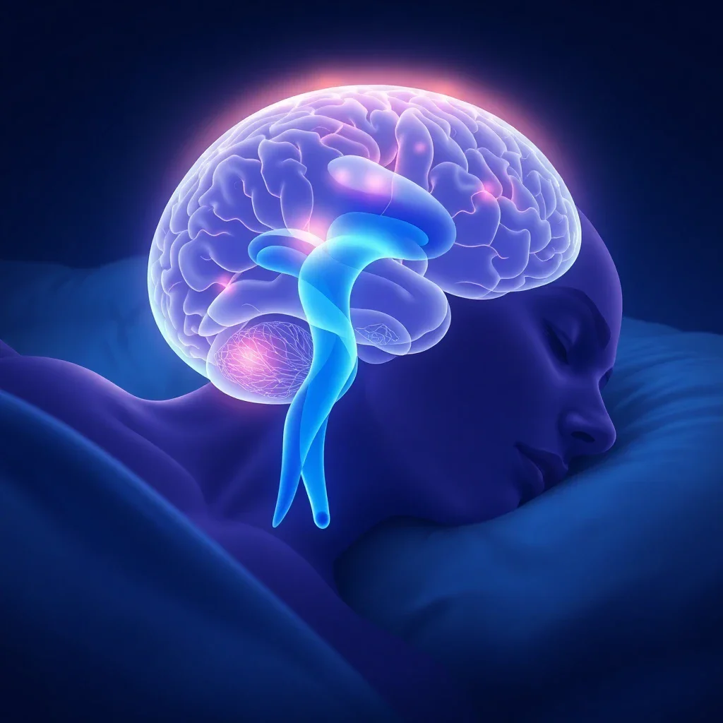 A peaceful silhouette of a person sleeping, with a glowing blue brain showing neural activity and fluid flow, representing th