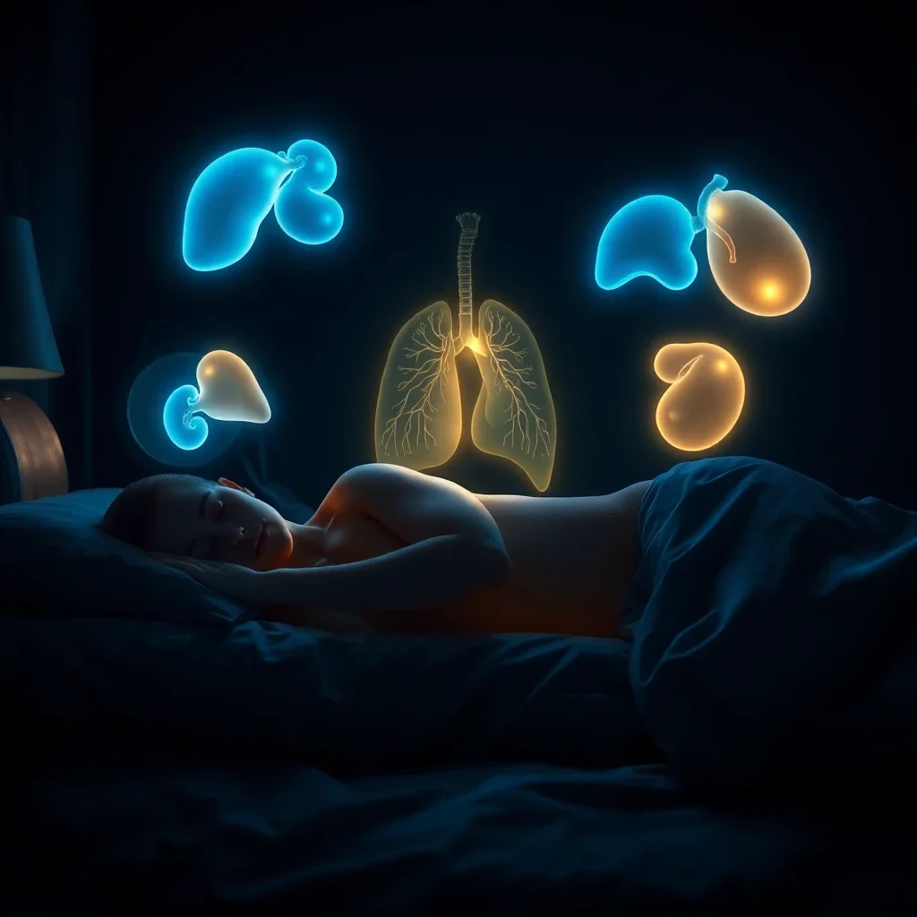 Silhouette of a sleeping person with glowing transparent organs floating above, representing organs working at night, in a da