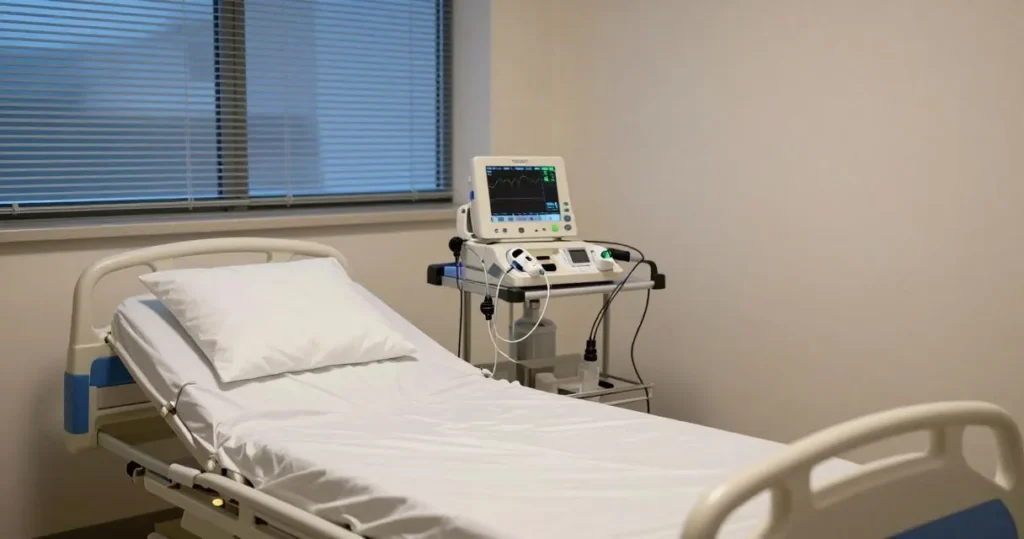 Salle d'examen du sommeil nocturne lit vide et moniteurs médicaux