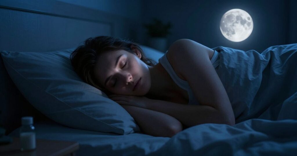 Comprimés de mélatonine posés sur une table de chevet près dun verre deau, lumière tamisée